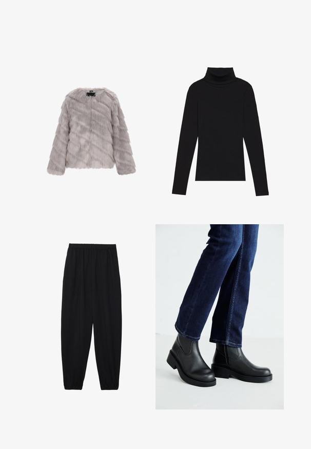 Halli halli kunstkarusnahast jakk pikemate varrukatega, ümmarguse kaelusega ja esiotsas lukuga. Omab siledaid ja pehmeid tekstuure ning ebaühtlast triibumustrit.; Mustavööne, pika varrukaga kõrge kaelusega T-särk, mis on valmistatud ribakanga materjalist, omab sobivat disaini ja ei sisalda mustreid ega aksessuaare.; Mustad, kerge kangas püksid elastse vöökoha ja kokku volditud pahkluudega. Kanga pind on sile ja disain on lõdvestunud, kitsenev.; Mustad mustad nahast sääre kõrgused saabastega, millel on paks tald ja küljel elastsed paneelid, kombineeritud tumedate siniste teksadega. Maapind on heledat värvi.