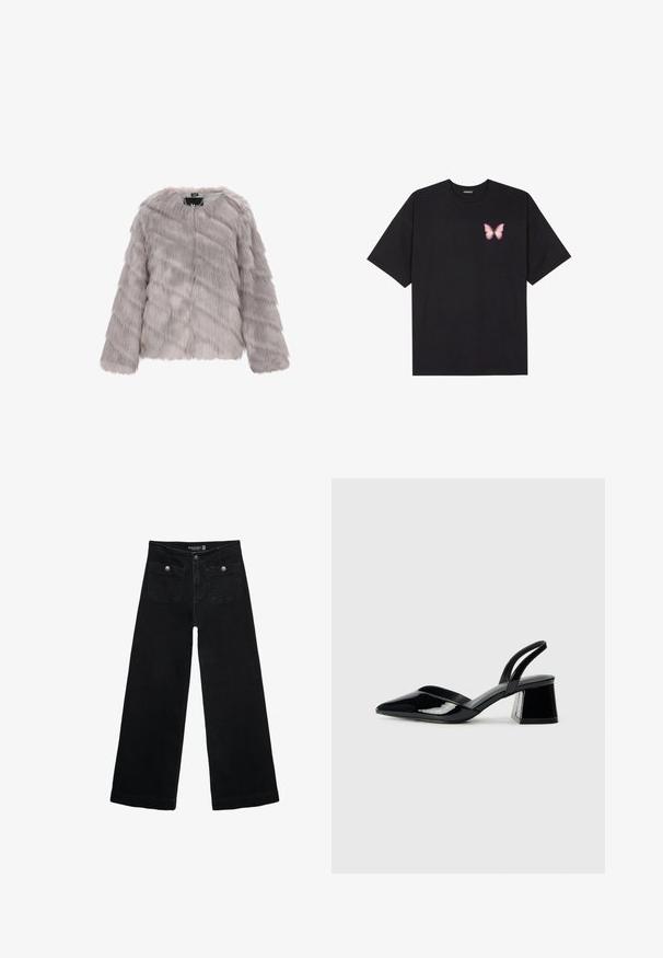 Graue Kunstpelzjacke mit langen Ärmeln, einem runden Ausschnitt und einem Reißverschluss vorne. Verfügt über eine glatte, weiche Textur und ein unregelmäßiges Streifenmuster.; Schwarzes Baumwoll-T-Shirt mit kurzen Ärmeln, das ein kleines pinkes Schmetterlingsmotiv auf der linken Brust zeigt. Crewneck-Design mit einem entspannten Schnitt.; Schwarze, weit geschnittene Jeans mit hoher Taille, die zwei Fronttaschen und metallene Knopfakzente aufweist. Der Stoff hat eine glatte Textur.; Schwarze Lackleder-Slingback-High Heels mit spitzem Schuh und einem geometrischen Blockabsatz. Verfügt über ein schlankes, minimalistisches Design und eine glatte Textur.