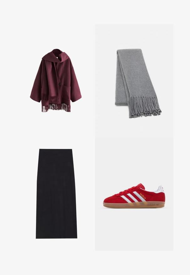 Maroon vuneni kaput s velikim šalom, dugim rukavima, prednjim dugmetom i dva džepa. Rub kaputa ima resice za dodatnu teksturu.; Tamno sivi pulover bez ramena s dugim rukavima, rebrastim izrezom i teksturiranim pletivom. Skraćeni dizajn.; Crna midi suknja napravljena od mekog, rastezljivog materijala. Ima ravnu siluetu i elastičnu ekipu za udoban fit.; Crvene nubuk tenisice s bijelim dizajnom tri pruge i zlatnim natpisom "Gazelle". Sadrže gumeni potplat i teksturiranu petu.; Siva vuna šal s mekom teksturom, s resama na rubovima i jednostavnim dizajnom. Neatno presavijen, ističući svoj izduženi oblik.