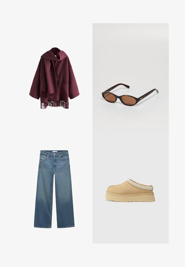 Bordeauxkleurige wollen jas met grote sjawl kraag, lange mouwen, voorste knoop en twee zakken. De zoom heeft franjes voor extra textuur.; Twee tanktops: de ene in donkerbruin met ribbelstructuur en brede banden, de andere in gebroken wit, van gladde stof met een vergelijkbaar ontwerp.; Lichtblauwe wijde jeans van denim, met een middelhoge taille, twee voorkruiszakken en klassieke stikdetails.; Tan suède instapschoen met een gevoerd kraagje en een gestructureerde lichtblauwe accent. Voorzien van een dikke, duurzame buitenzool met een patroon in de loop.; Schildpad ovale zonnebril met bruine lenzen, gekanteld om het "QUAY" logo op de rechter poot tegen een effen achtergrond te laten zien.; Bruine suede handtas met twee rechte handvaten, rechthoekige vorm en een slank ontwerp. Heeft een ritsluiting en subtiele stiksels.