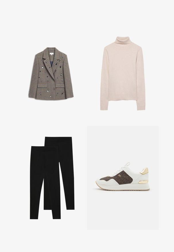 Blazer doppiopetto in motivo houndstooth, con sfumature di marrone e blu, adornato con paillettes decorative e due tasche frontali.; Maglione a collo alto di un delicato rosa chiaro, realizzato in morbido tessuto a maglia. Presenta maniche lunghe e un collo e un orlo a coste. Design classico e aderente.; Leggings neri realizzati in tessuto elastico, con una vita senza cuciture e un design slim fit, adatti per l'abbigliamento casual o per l'esercizio.; Sneakers bianchi con pannello in tessuto a motivo marrone, dettagli in metallo dorato, punta rotonda, design con lacci e suola in gomma texturizzata.