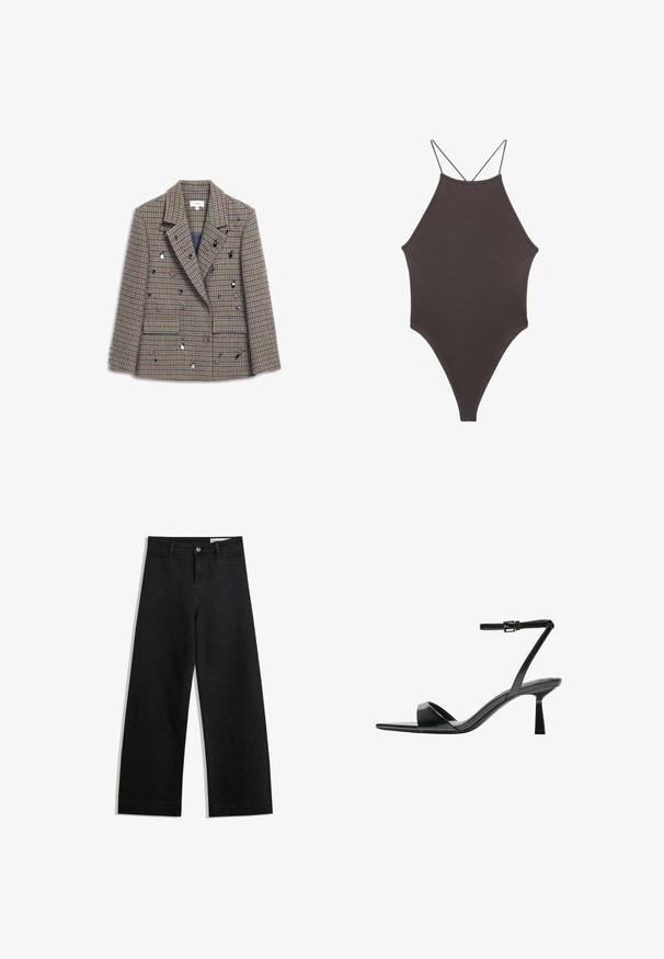 Double-breasted blazer in houndstooth pattern, featuring shades of brown and blue, adorned with decorative sequins and two front pockets.; Brown, high-neck one-piece swimsuit with thin, adjustable straps; features a high-cut leg and smooth texture. No patterns or embellishments.; Black wide-leg denim pants with a high waist, featuring front and back pockets, stitched seams, and a button closure. Smooth texture.; Bershka High heeled sandals - black
