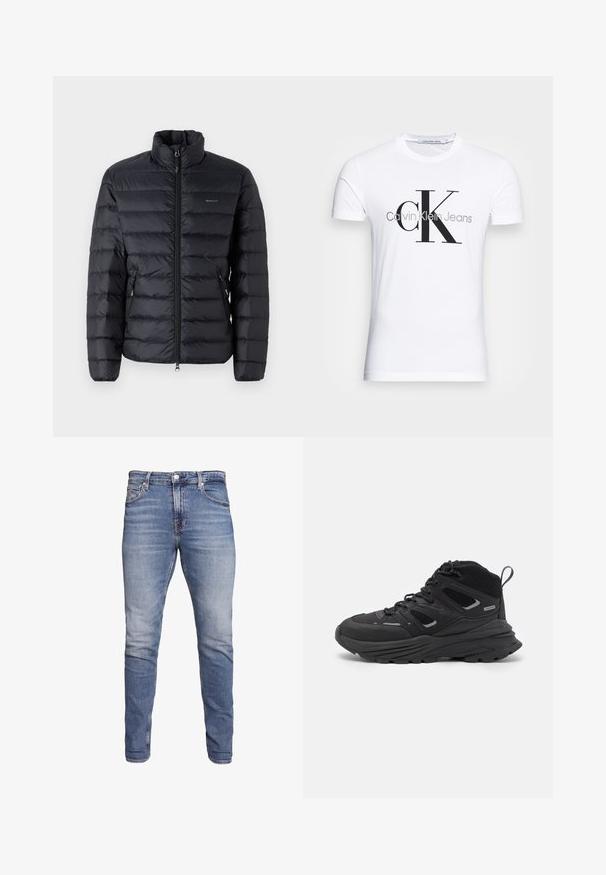 Jachetă neagră căptușită cu guler înalt, cu cusături orizontale, buzunare cu fermoar și un logo pe partea stângă a pieptului. Material ușor.; Tricou alb din bumbac, cu un logo negru "CK" și textul "Calvin Klein Jeans", cu mâneci scurte și un guler clasic rotund.; Jeans slim-fit de culoare albastră, cu cinci buzunare, spălare decolorată, închidere cu nasture și suport pentru curea, prezentate pe un fundal alb.; Pantofi de drumeție negri cu un design stratificat, material texturat și talpă din cauciuc, cu zone întărite și sistem de șireturi.