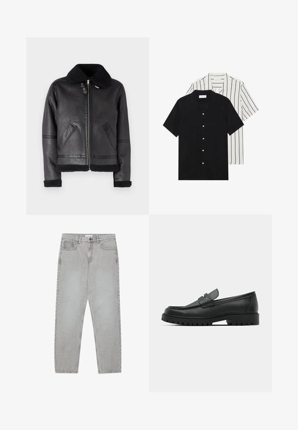 Veste en cuir noir avec un col en fourrure noir, fermeture éclair, poches latérales et détails texturés sur les manches et l'ourlet.; Deux chemises à manches courtes : l'une noire unie, l'autre blanche avec des rayures verticales noires. Les deux ont des boutons et un col classique.; Pantalon en denim gris clair avec une coupe droite, cinq poches et une fermeture à bouton. Coutures visibles le long des coutures.; Mocassins en cuir noir à bout arrondi, avec un design cousu, une semelle plateforme basse et une semelle en caoutchouc texturée et crantée.