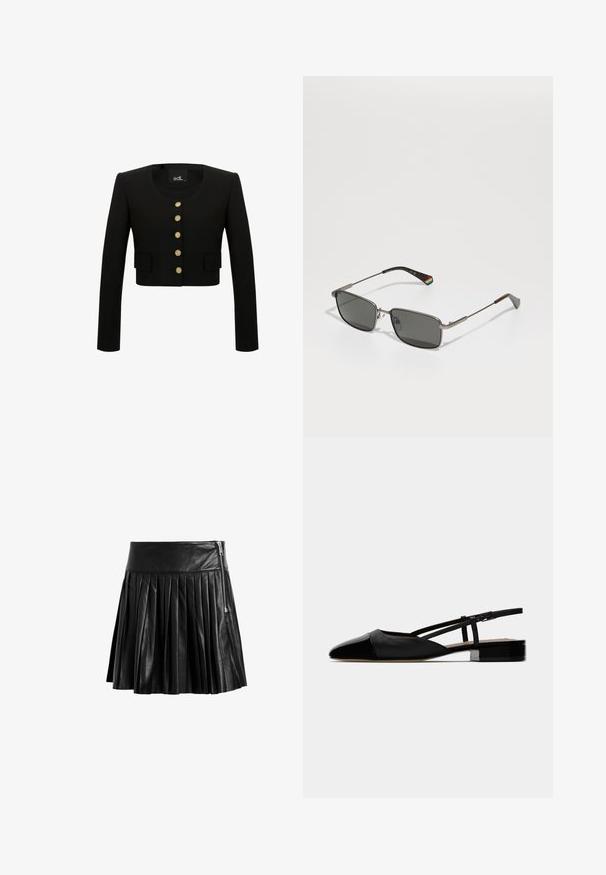 Musta lyhythihainen takki, jossa on pitkät hihat, kultaiset napit edessä, kaksi etutaskua ja pyöreä kaula-aukko. Suora kangas.; Valkoinen nappikauluspaidat, joissa on pitkät hihat, rakenteellinen kaulus ja pyöristetty helma. Valmistettu sileästä, yksivärisestä kankaasta, jossa ei ole näkyviä kuvioita tai koristeita.; Mustan nahkahihoisen hameen, jossa on pehmeä rakenne, sivupitkä vetoketju ja korkea vyötärö, mikä luo jämäkän muotoilun.; Mustat nahkaslingback-mokkasiinit, joissa on terävä kärki, suljettu vampiiri ja säädettävä nilkkaremmi. Varustettu matalalla neliskulmaisella korkolla. Tasainen pinta.; Polaroid UNISEX - Aurinkolasit - matte black