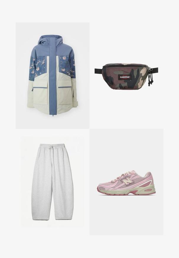 Hooded jacket featuring a light blue upper section, floral patterned panels, and cream lower part with two large front pockets.; Fleece pullover with teal and navy stripes, half-zip design, front pocket, paired with a brown skirt and patterned green socks.; Light grey sweatpants with a relaxed fit, elastic waistband, drawstring, and side pockets; made from soft, textured fabric.; Pink and beige New Balance 740 sneaker with mesh and synthetic upper, lace-up closure, and cushioned sole shown in side profile.; Camouflage fanny pack made of durable fabric, featuring a zippered closure, adjustable strap, and a red Eastpak logo patch on the front.