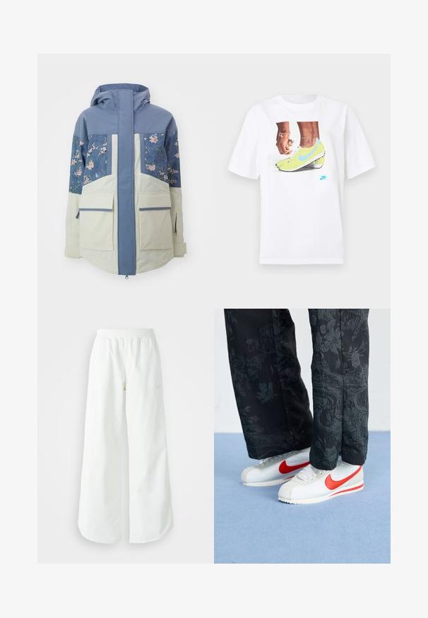 Kapišoninė striukė su šviesiai mėlynu viršutiniu sluoksniu, gėlių raštų detalėmis ir kreminiu apatine dalimi, turinčia dvi dideles priekinės kišenes.; Balta medvilninė marškinėlis su grafika, vaizduojančia kojas geltonose Nike sportinėse batuose su mėlynomis detalėmis, derinama su apyranke ant kairiojo riešo.; Balti sportiniai keliai su platėjančiomis kojomis, su įtemptu juosmeniu ir subtilia logotipo detale. Lygus audinys, laisvas kirpimas ir siaurėjantis apatinis kraštas.; Baltos Nike sneaker'iai su raudonais akcentais, derinami su juodomis kelnių, turinčiomis gėlių raštą. Paviršius lygus, su plokščiu pynimo padu.