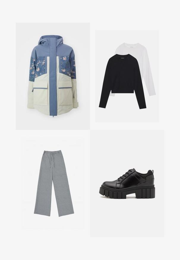 Hooded jacket featuring a light blue upper section, floral patterned panels, and cream lower part with two large front pockets.; Two long-sleeved shirts: one black and one white. Both feature a crew neck, raglan sleeves, and a soft cotton blend fabric.; Gray wide-leg pants made from a textured fabric with a subtle vertical stripe pattern, featuring an elastic waistband and drawstring.; Black leather platform shoes with a chunky block heel, round toe, and traditional lace-up design. Features smooth texture and minimal detailing.