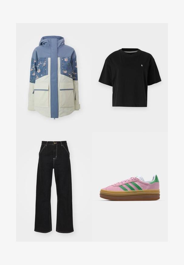 Kapucnis dzseki, amelynek világoskék felső része, virágmintás panelei és krémszínű alsó része van, két nagy elülső zsebbel.; Fekete, pamutból készült rövid ujjú, kerek nyakú cropped póló, bal mellen egy kis fehér logóval.; Fekete, széles szárú farmernadrág, kontrasztos fehér varrással és elülső gombos záródással, két ferde elülső zsebbel.; Rózsaszín zamákból készült sportcipő zöld csíkokkal, fehér díszítéssel és barna gumi talppal. Texturált anyaggal és logóval ellátott részletekkel az oldalon.