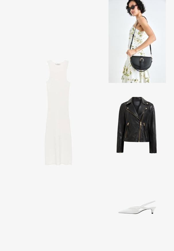Černá kožená motocyklová bunda s zlatým kováním, s asymetrickým zipem, několika zipovými kapsami a límcem.; Bílé, bezramenní, žebrované pletené šaty s přiléhavým siluetou, dosahujícími pod kolena. Jednoduchý a minimalistický design, bez vzorů nebo kovových detailů.; Bílé slingback podpatky se špičatou špičkou, s hladkým svrškem, jemnými výřezy a nízkým blokovým podpatkem. Černá podrážka zvýrazňuje design.; Černá kožená kabelka s křivkovým tvarem, odnímatelným popruhem a zlatými detaily. Kabelka má klopu s přezkou.