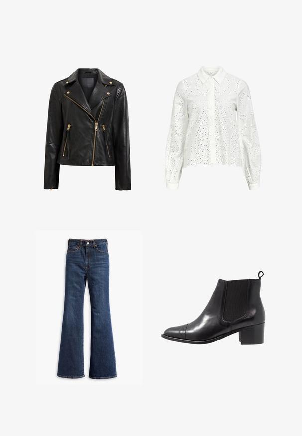 Black leather motorcycle jacket with gold hardware, featuring an asymmetrical zip closure, multiple zip pockets, and a collar.; White long-sleeve shirt with a collared neckline, featuring eyelet embroidery in a paisley pattern and button closures down the front.; High-waisted dark blue denim jeans with flared legs, front button and zipper closure, and five-pocket design.; Black leather ankle boot with elastic side panels, round toe, and textured block heel. Features a looped pull tab at the back for easy wear.