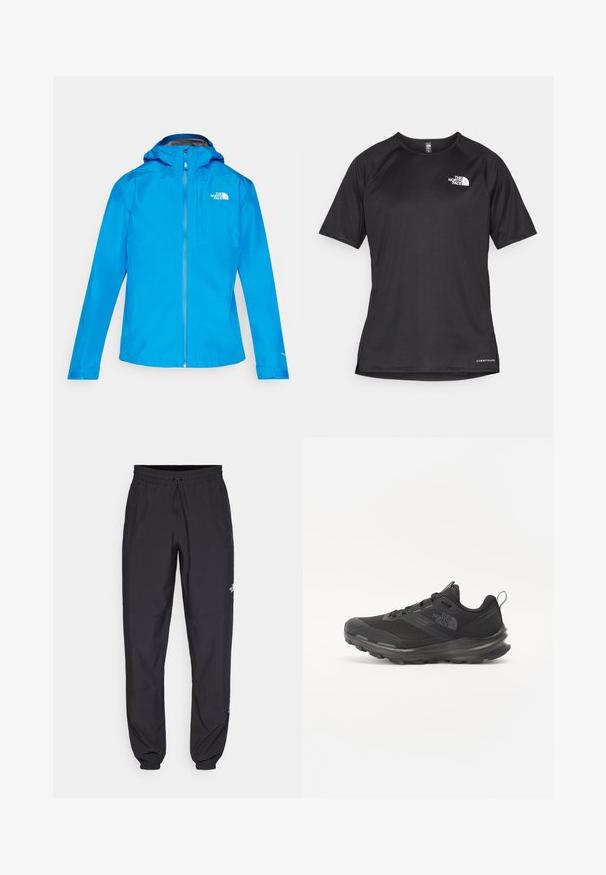Blå vanntett jakke med hette, full glidelås, elastiske mansjetter og logo øverst til venstre. Glatt, lett materiale med et stilbevisst design.; Svart kortermet treningstrøye med strukturert stoff, med en hvit logo på venstre bryst og rett kant.; Sorte idrettsbukser laget av lett stoff, med snor i livet, sidelommer og smale mansjetter ved anklene.; Svart treningssko med mesh-overdel, gummiyttersåle og polstret krage. Har snører, logo på siden og et teksturert design.