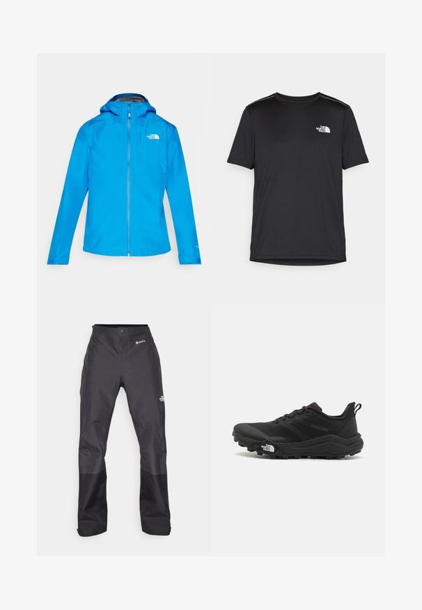 Kék vízálló dzseki kapucnival, teljes cipzárral, rugalmas mandzsettákkal és logóval a bal felső részen. Sima, könnyű anyag, karcsú dizájnnal.; Fekete, rövid ujjú póló, könnyű anyagból készült. Bal mellen egy kis fehér logó található, és finom vállrész kiemelések.; Fekete vízálló nadrág sima textúrával, elöl GORE-TEX logóval, és megerősített alsó lábrészekkel a tartósság érdekében.; Fekete terepfutó cipő, textúrált felső résszel, gumitalppal és megerősített lábujjrészével. Párnázott bokarésszel és húzófüllel rendelkezik a könnyű felhúzáshoz.