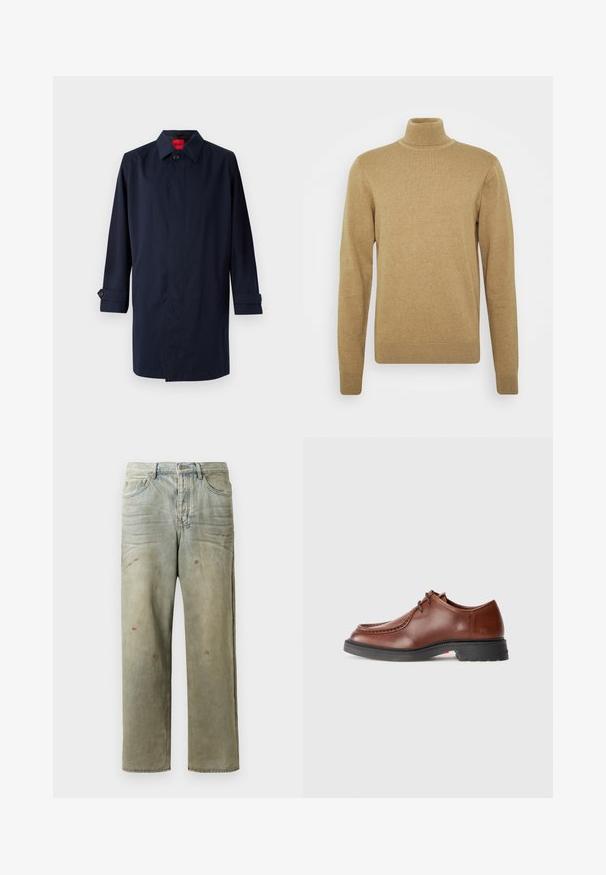 Sötétkék esőkabát hegyes gallérral, egylakatos záródással és gombos díszítéssel ellátott felgöngyölhető ujjakkal. Simas textura, minimális design.; Barna alapon készült, puha kötöttanyagú garbó pulóver. Hosszú ujjakkal és testhezálló fazonnal rendelkezik. Szegett szegély és gallér díszítéssel.; Fakó zöld, kopott farmerszadrág, egyenes lábbal, ötk zsebes kialakítással, egyenetlen kopással és festékcseppekkel.; Barna bőr dresszcipő lekerekített orral, kontrasztos varrással, fűzős kialakítással és texturált fekete gumitalppal.
