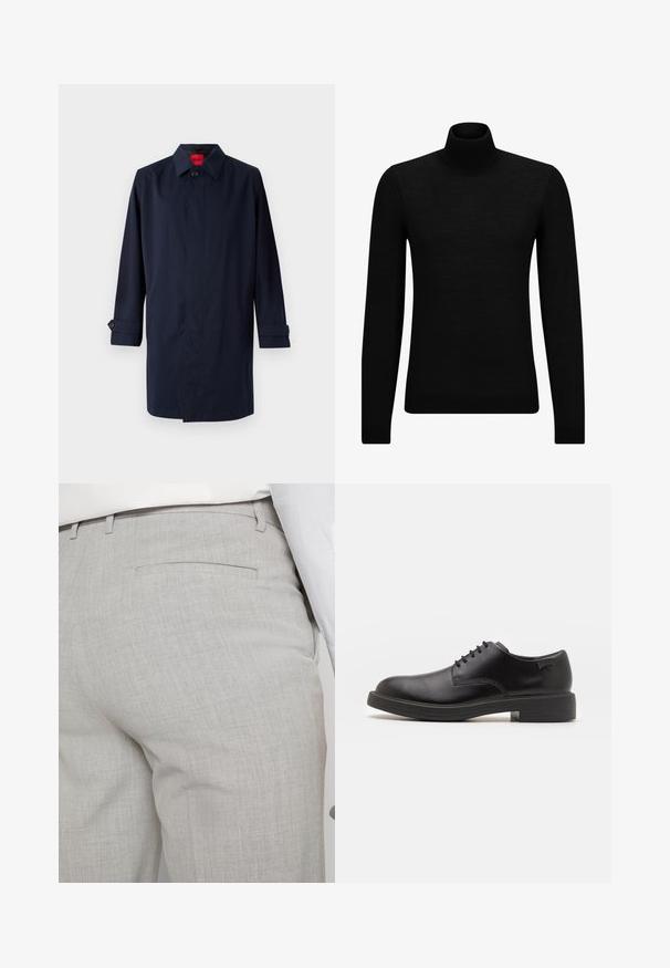 Jūras spēku zils uzvalka mētelis ar norādītu apkakli, vienas pogas aizdari un uzrullējamām piedurknēm ar poga akcentiem. Gluda tekstūra, minimāls dizains.; Melnā augstā kakla džemperis, kas izgatavots no mīksta materiāla, ar garām piedurknēm un pieguļušu piegriezumu. Ribota apdare ap apakšu un piedurknēm. Vienkāršs dizains.; Gaiši pelēkas pielāgotas bikses no teksturēta auduma, ar vienu aizmugurējo kabatu un tīru šuvju apdari.; Melna āda sašūta kurpe ar noapaļotu purngalu, gludu tekstūru, minimālu šuvju skaitu un zemu gumijas papēdi. Logo uz papēža.