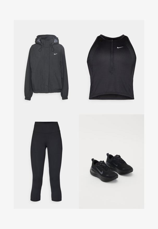 Black hooded windbreaker jacket made of lightweight material featuring elastic cuffs, a drawstring hood, and a small white logo on the chest.; Black athletic crop top with a zip-front, mesh accents, and a fitted design. Made from stretchy, breathable fabric. Nike logo on front.; Black cropped leggings made of stretchy fabric, featuring a high waistband and smooth texture, with no visible patterns or hardware.; Black athletic shoes with a textured upper, lace-up design, and a thick, cushioned sole. Features a grey Nike logo on each side.