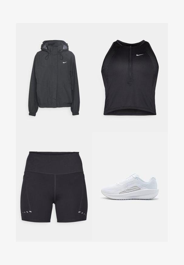 Czarna wiatrówka z kapturem, wykonana z lekkiego materiału, z elastycznymi mankietami, kapturem ze sznurkiem oraz małym białym logo na piersi.; Czarny sportowy crop top z zamkiem z przodu, z siateczkowymi akcentami i dopasowanym krojem. Wykonany z elastycznego, oddychającego materiału. Logo Nike z przodu.; Czarne sportowe spodenki o gładkiej fakturze, z wyższym stanem i kontrastującymi białymi detalami po bokach. Wykonane z elastycznego, oddychającego materiału.; Białe sportowe buty z siateczkową cholewką, zaokrąglonym noskiem i teksturowaną podeszwą. Posiadają srebrny logo Nike i minimalistyczny design.