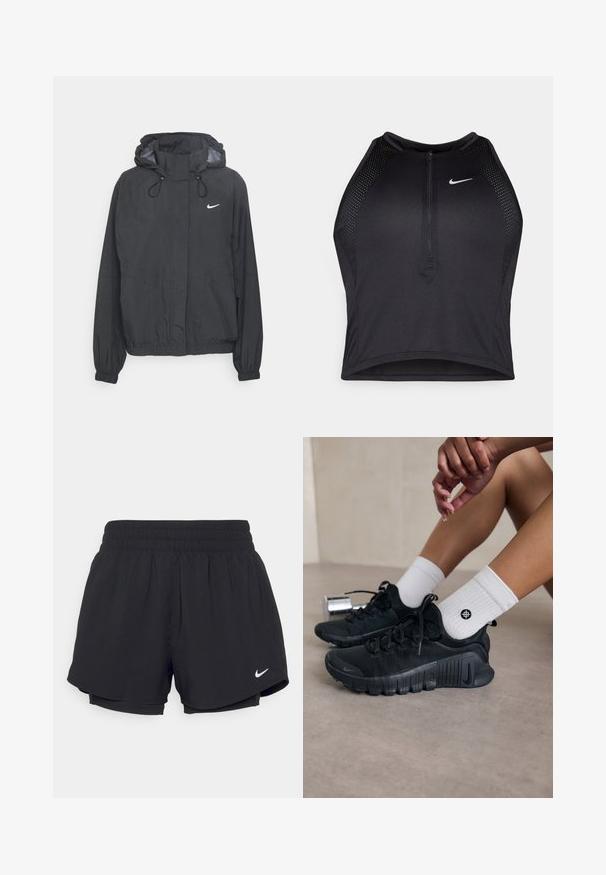 Giacca a vento nera con cappuccio, realizzata in materiale leggero, con polsini elasticizzati, cappuccio regolabile tramite cordino e un piccolo logo bianco sul petto.; Top corto atletico nero con zip frontale, dettagli in rete e un design aderente. Realizzato in tessuto elasticizzato e traspirante. Logo Nike sul davanti.; Shorts sportivi neri con un elastico arricciato in vita, fodera interna e logo Nike bianco sul lato sinistro in basso. Tessuto liscio e leggero.; Scarpe da ginnastica nere con tessuto texturizzato, design con lacci e suola prominente, abbinate a calze bianche a coste con un piccolo logo.