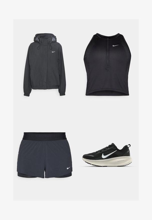 Svart huvs-jacka i lätt material med elastiska manschetter, dragsko i huven och en liten vit logotyp på bröstet.; Svart atletisk crop top med dragkedja framtill, nätdetaljer och en figurnära design. Tillverkad av elastiskt, andningsbart material. Nike-logga på framsidan.; Svarta idrottsshorts med elastisk midja, med en lagerdesign och en liten vit Nike-logga på nedre vänstra sidan. Lättviktig material.; Svart Nike löparsko med andningsbart mesh-ovandel, vit swoosh-logotyp, texturerad detaljering och en krämfärgad ZoomX-mellansula.