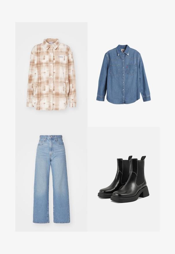 Bézs és fehér kockás mintás polár ingdzseki. Gallérral, gombos záródással, két elülső zsebbel és logóval a mellen.; Világoskék farmering hosszú ujjal, hegyes gallérral, két mellzsebbel és kontrasztos varrással. Nyugati stílusú yoke mintázattal rendelkezik.; Világoskék, magas derekú, bő szárú farmernadrág, elülső gombbal és cipzárral, elülső és hátsó zsebekkel, fehér háttérrel.; Fekete bőr Chelsea csizmák masszív sarkakkal, rugalmas oldalsó panelekkel és kontrasztos fehér varrással. Texturált felület.