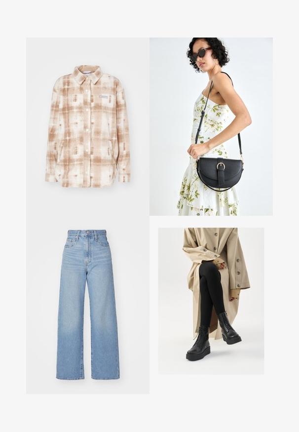 Bézs és fehér kockás mintás polár ingdzseki. Gallérral, gombos záródással, két elülső zsebbel és logóval a mellen.; Világoskék farmering hosszú ujjal, hegyes gallérral, két mellzsebbel és kontrasztos varrással. Nyugati stílusú yoke mintázattal rendelkezik.; Világoskék, magas derekú, bő szárú farmernadrág, elülső gombbal és cipzárral, elülső és hátsó zsebekkel, fehér háttérrel.; Fekete bőr bokacsizmák fűzős részletekkel, megemelt platform talppal, és textúrált fekete leggingsszel, világos bézs trench kabát mellett viselve.; Fekete bőrtáska ívelt formával, levehető pánttal és arany színű fémrészekkel. A táskán egy csattal díszített fedél található.