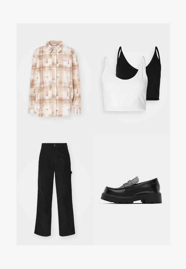 Kurtka koszulowa z polaru w beżowo-białą kratę. Posiada kołnierz, zapięcie na guziki, dwie przednie kieszenie oraz logo na piersi.; Dwa bawełniane topy w kolorze białym i czarnym. Każdy z nich ma głęboki dekolt i cienkie ramiączka, charakteryzujące się gładką, miękką teksturą.; Czarne spodnie z kordurowej tkaniny o prostym kroju nogawki, z zapięciem na guzik i boczną kieszenią. Gładka tekstura z delikatnymi pionowymi paskami.; Czarne skórzane loafersy z masywną, teksturowaną podeszwą, z paskiem na wierzchu i gładkim, wypolerowanym wykończeniem.