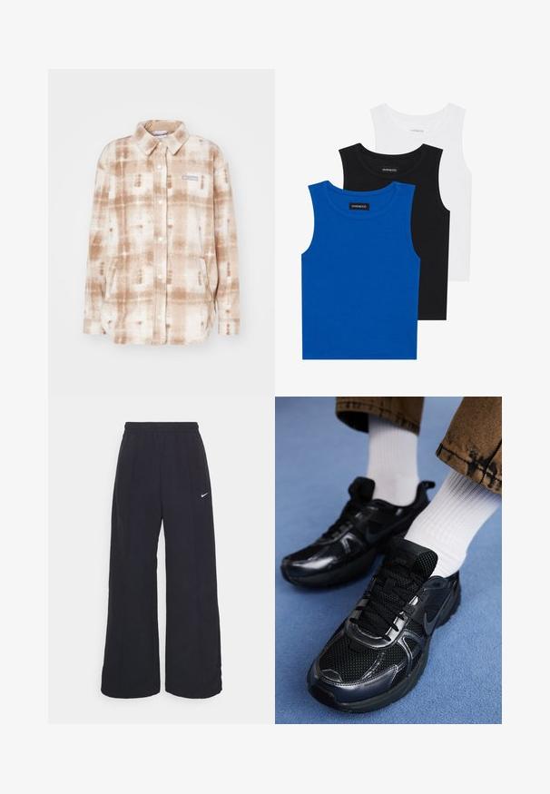 Fleece shirt jacket in tan and white plaid pattern. Features a collar, button closure, two front pockets, and logo on the chest.; Three sleeveless shirts in blue, black, and white. The fabric is ribbed with a round neckline. Each shirt has a tag labeled “even&odd.”; Black wide-leg pants with an elastic waistband and a small white Nike logo. Fabric has a smooth texture, designed for comfort and casual wear.; Black Nike sports shoes feature a mesh upper with shiny accents, black laces, and a textured sole. Paired with white ribbed socks.