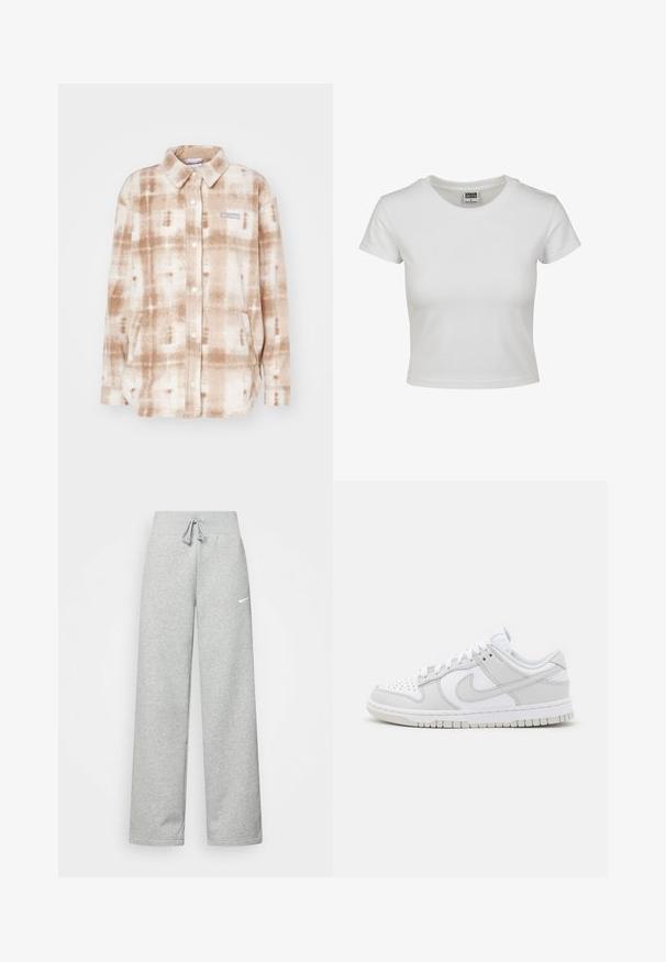Flisastojna jakna v bež in beli karirasti vzorec. Ima ovratnik, gumbasto zapiranje, dva sprednja žepa in logotip na prsih.; Bela bombažna majica s klasičnim okroglim ovratnikom, kratkimi rokavi in prilegajočim se krojem. Ni vidnih vzorcev ali dodatkov.; Sive hlače iz trenirke z elastičnim pasom, detajlom na vezanje in majhnim belim logotipom Nike na levem stegnu. Mehak material, ohlapen kroj.; Bela usnjena športna obutev z sivo-nitastimi detajli, perforiranim prstom, ravnimi vezalkami, oblazinjeno ovratnikom in teksturirano gumijasto podplatom.