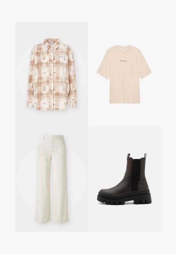 Fleece shirt jacket in tan and white plaid pattern. Features a collar, button closure, two front pockets, and logo on the chest.; Beige cotton t-shirt with a relaxed fit, featuring short sleeves and a rounded neckline. "Positive Sincere" printed in black on the front.; Wide-leg trousers in a light beige color, made of a smooth fabric. Features a classic waistband and flat front with clean lines.; Brown leather ankle boots with black elastic side panels, a chunky black sole, and pull tabs on the back for easy wear.