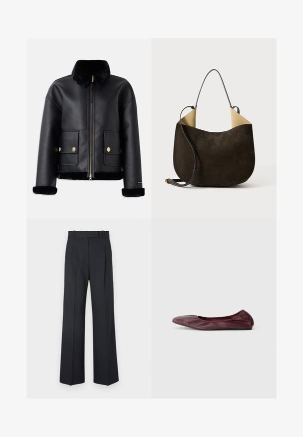 Jachetă din piele ecologică neagră, cu guler din blană sintetică, închidere cu fermoar, detalii aurii și două buzunare frontale, având un design scurt și o textură moale.; Cămașă din tricot cu mânecă lungă, gri, cu guler rotund, siluetă mulată, textură netedă, fără logo-uri sau embellishments vizibile.; Pantaloni în dungi de culoare albastru închis, cu talie înaltă, design cu broek larghi și fără hardware sau embellishments vizibile. Textură netedă și croi adaptat.; Balerini din piele burgundă închisă, cu vârf rotunjit, rim elastic și textură netedă cu detalii subtile de pliere.; Geantă de mână din suede de culoare maro închis, cu o textură netedă, un design minimalist și un interior de culoare deschisă contrastantă. Dispune de o curea lungă din piele.