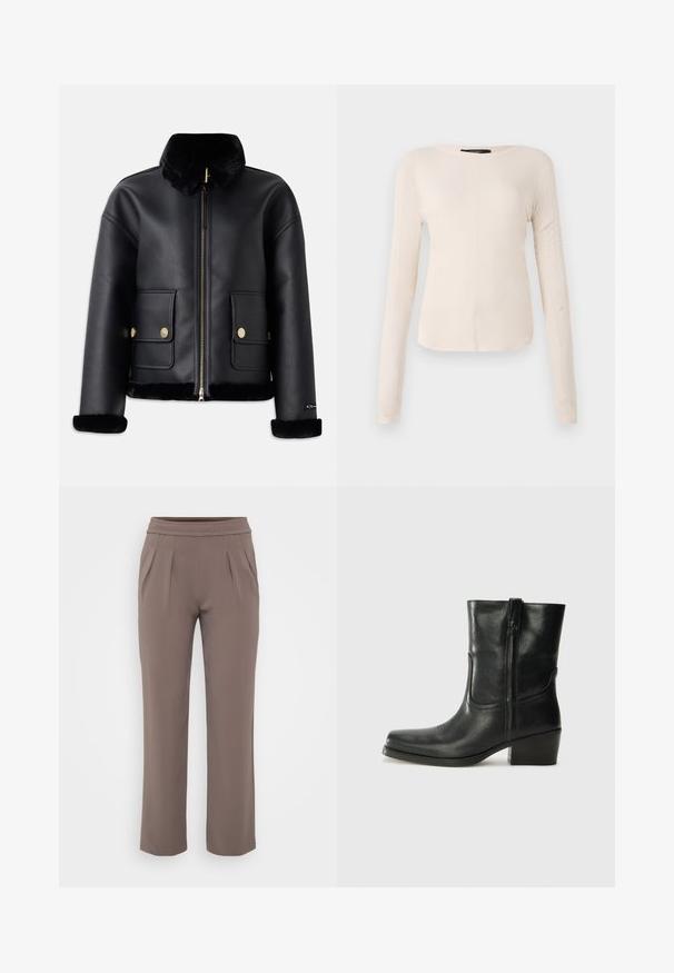 Black leather jacket with a faux fur collar, zip closure, gold hardware, and two front pockets, featuring a cropped design and soft texture.; Long-sleeve, light beige top with a round neckline. Made of soft fabric, features a central seam and slightly curved hem. No visible hardware.; Taupe loose-fit trousers with elastic waistband and front pleats, made from smooth fabric.; Black leather ankle boot with a rounded toe, block heel, side zipper, and stitching accents on the vamp. Smooth texture, classic design.