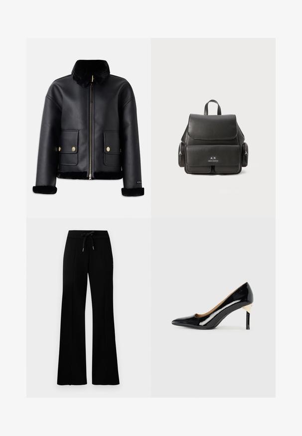 Crna kožna jakna s umjetnim krznom na ovratniku, zatvaranje na zip, zlatni detalji i dva prednja džepa, s krojenim dizajnom i mekanom teksturom.; Crna majica kratkih rukava od pamuka. Ima okrugli izrez i reljefni natpis "Armani Exchange" duž ramena. Jednostavan dizajn.; Crne široke trenirke s remenom na vezanje, bočnim prorezima, mekanom tkaninom i elegantnim dizajnom.; Crne lakirane kožne cipele na visokom potpeticu s šiljastim prstom i isjecanjem; sadrže elegantan zlatni naglasak na potpetici. Jednostavno i elegantno.; Crna kožna ruksak s preklopom, prednjim džepom, bočnim odjeljcima s patentnim zatvaračem i gornjom ručkom. Ima detalje s logotipom sprijeda.