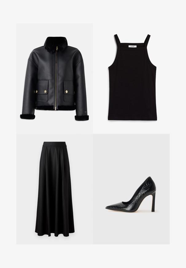 Jaqueta de couro preta com colarinho de pelúcia sintética, fecho de zip, acessórios dourados e dois bolsos frontais, apresentando um design cropped e uma textura suave.; Camisola preta de alças finas em tecido canelado, com corte reto e uma etiqueta no decote que diz "IVY OAK."; Saia preta, até ao chão, com uma textura suave, faixa larga na cintura e design plissado, apresentando nenhum padrão ou adornos visíveis.; Sapato de salto alto de bico fino preto com textura de pele de crocodilo, apresentando um design elegante, salto agulha alto e interior preto suave.