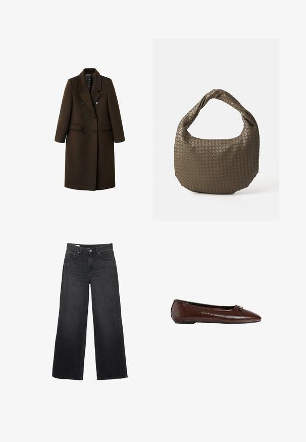 Brauner Wollmischungs-Mantel mit doppelreihigem Design, Reverskragen, zwei Fronttaschen und Knopfdetails. Lange Ärmel und mittellange Schnitt.; Helle beigefarbene Rundhalsausschnitt-Strickjacke aus weichem Strickstoff. Mit langen Ärmeln und gerippten Bündchen, in lockerer Passform und minimalistischem Design.; Schwarze weit geschnittene Jeans aus Denim. Sie verfügen über ein klassisches Fünf-Taschen-Design, eine gerade Silhouette und einen Knopfverschluss vorne.; Braune Leder-Ballettschuhe mit glatter Textur, spitzer Zehenpartie und einer Schleifenakzentierung auf der Vorderseite, ausgestattet mit einer niedrigen schwarzen Gummisohle.; Geflochtene olivgrüne Handtasche mit runder Form und gedrehter Tragegriff. Strukturiert Oberfläche mit diagonaler Musterung. Reißverschlussverschluss.