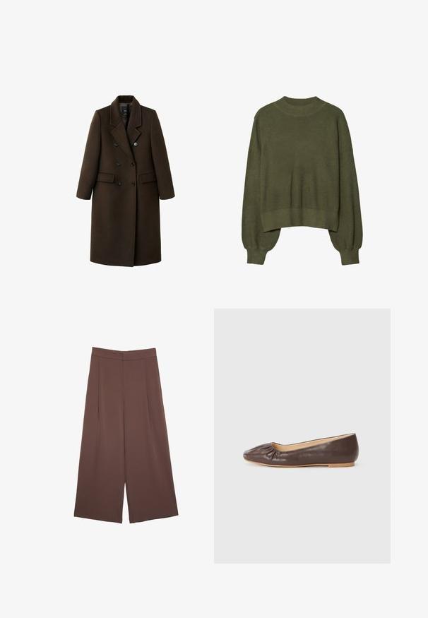Cappotto in misto lana marrone con design doppiopetto, revers a punta, due tasche frontali e dettagli con bottoni. Maniche lunghe e lunghezza intermedia.; Maglione lavorato a maglia verde oliva con scollo rotondo, spalle scese e maniche lunghe a sbuffo, con un design corto e polsini a costine.; Pantaloni ampi marroni con una texture liscia, caratterizzati da una vita alta e pieghe frontali. Il tessuto è leggero e scorre liberamente.; Ballerina in pelle marrone con punta arrotondata, dettagli arricciati sul davanti e suola piatta di colore chiaro.