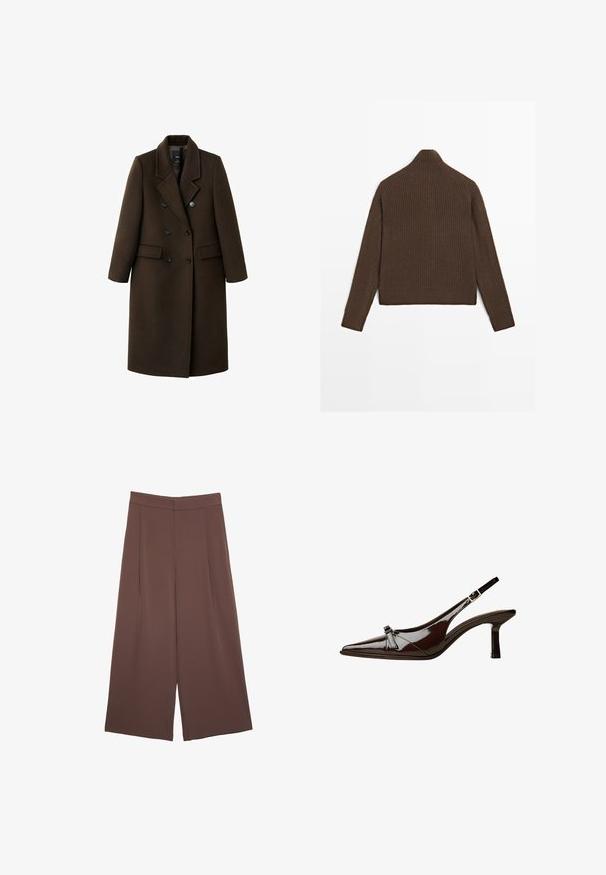 Cappotto in misto lana marrone con design doppiopetto, revers a punta, due tasche frontali e dettagli con bottoni. Maniche lunghe e lunghezza intermedia.; Maglione a coste marrone con maniche lunghe e colletto alto, mostrato da dietro su uno sfondo bianco.; Pantaloni ampi marroni con una texture liscia, caratterizzati da una vita alta e pieghe frontali. Il tessuto è leggero e scorre liberamente.; Scarpa slingback in pelle verniciata marrone con punta appuntita, tacco basso e un accentuato fiocco decorativo nella parte anteriore. Texture liscia e lucente.