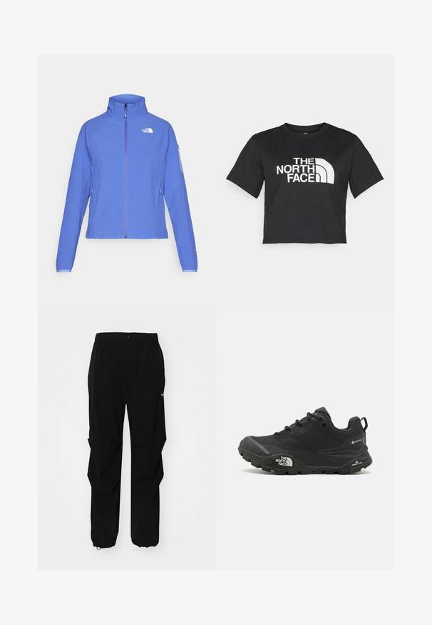 Chaqueta azul con cremallera completa, cuello alto y tejido texturizado. Presenta un logo blanco en el pecho y bolsillos laterales. Puños ajustables.; Camiseta negra corta hecha de algodón, con un logo blanco con acentos curvados y el texto "THE NORTH FACE" en el frente. Mangas cortas, cuello redondo.; Pantalones exteriores negros fabricados con material duradero, con un corte holgado, cintura elástica y puños ajustados para longitud regulable.; Zapatilla de senderismo negra con parte superior texturizada, cierre de cordones y una suela de goma gruesa que presenta un logotipo prominente en el lado y patrones de tracción.