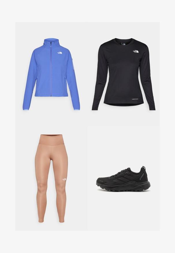 Giacca blu con zip intera, colletto alto e tessuto textured. Caratterizzata da logo bianco sul petto e tasche laterali. Maniche regolabili.; The North Face SHADOW LONG SLEEVE - Maglietta a manica lunga - black; Leggings a vita alta, aderenti, di colore marrone chiaro. Realizzati in un materiale liscio e elastico con un logo bianco sulla coscia sinistra.; Scarpe da ginnastica nere con tomaia sintetica testurizzata, chiusura con lacci, suola spessa in gomma e dettagli del logo discreti sui lati e sul tallone.