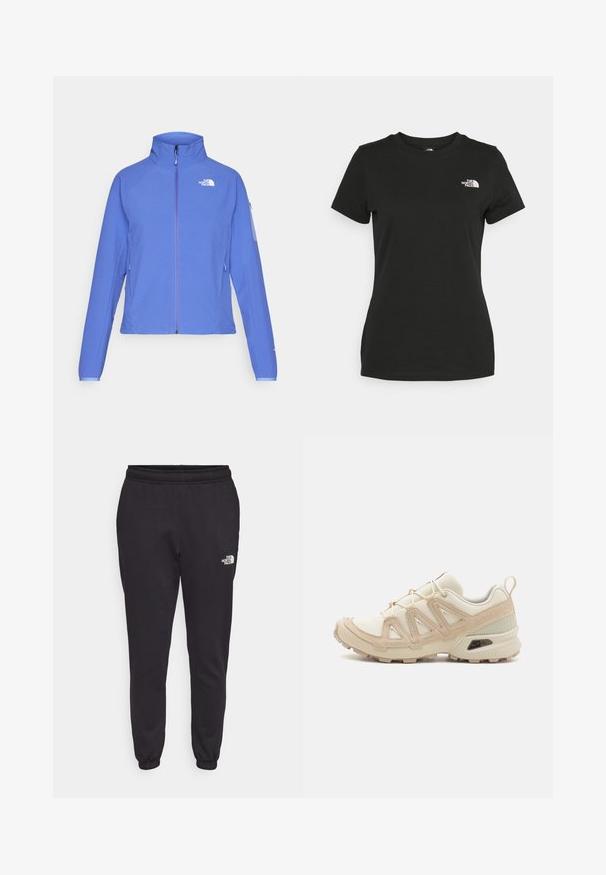 Blue jacket with full zip, high collar, and textured fabric. Features white logo on the chest and side pockets. Adjustable cuffs.; Black cotton t-shirt featuring a crew neckline and short sleeves. Notable white logo on the upper left side. Smooth texture, casual fit.; Black jogger pants made of soft cotton blend. Features an elastic waistband, tapered leg design, and a small white logo on the lower right side.; Beige and cream athletic shoe with textured mesh upper, supportive overlays, and rubber outsole featuring a tread pattern for traction.