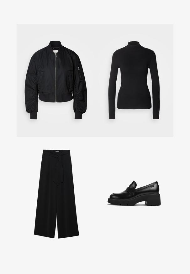 Jachetă bomber neagră dintr-un material neted, cu fermoar pe față, manșete ribbrate și un design scurt, cu detalii subtile cute pe mâneci.; Pulover negru cu gât înalt, realizat dintr-un material tricotat ușor. Are mâneci lungi, un design ajustat și o textură moale cu caneluri.; Pantaloni largi negri dintr-un material texturat, cu un tiv elastic și o panglică detașabilă la talie pentru un fit ajustabil.; Loafer din piele neagră cu toc gros, având o talpă groasă și un detaliu cu curea în partea de sus, prezentat din lateral pe un fundal alb.