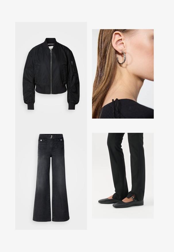 Must musternahk, mis on valmistatud siledast kangast, millel on lukuga esitasku, ribiga käised ning lühikese kujuga disain, millel on varrukatel peened volangid.; Musta tanktop, mis on valmistatud pehmest ja venivast materjalist. Omab ümmargust kaelust ja laiu õlapaelu, ning sellel on voolav siluett ja sile tekstuur.; Mustadest denimist laiad jalad teksad kõrge vöökoha, ees olevate nööpidega ja kahe ees oleva taskuga; sile tekstuur kerge kulumisega viimistlusega.; Mustadast mustast nahast balletkingad terava ninaga, millel on rihm hõbedase klambriga, kokku sobitatud mustade ülikondpükstega, millel on lõhiku serv.; Hõbedane rõngas kõrvarõngas poleeritud viimistlusega, millel on väikesed kuldsed aktsendid ja ümmargune kuju, kantud lobus.