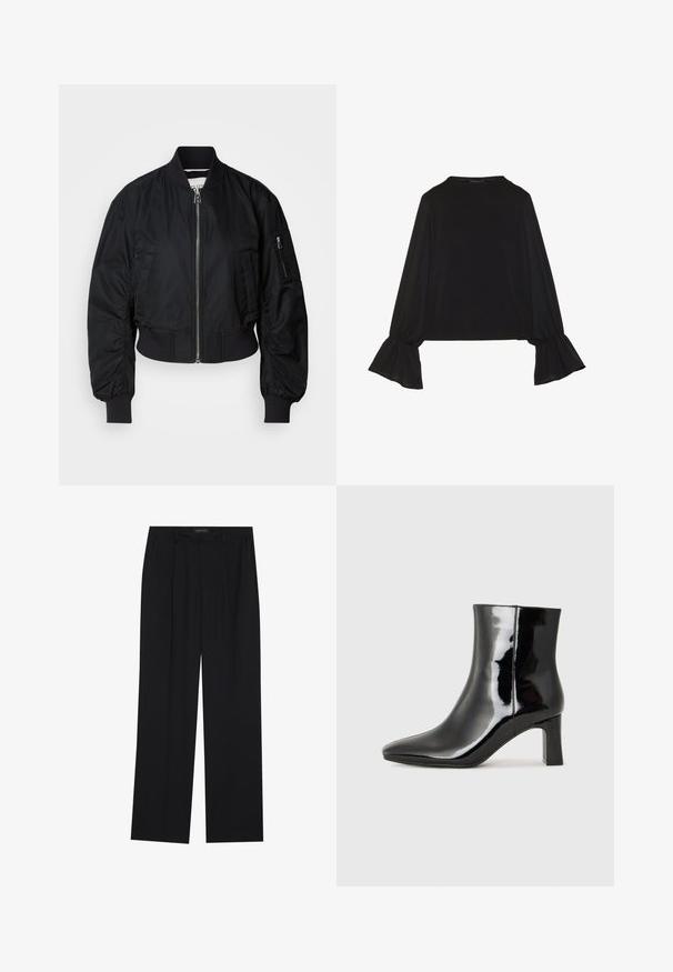 Melna bomber jaka no gludas auduma, ar rāvējslēdzēju priekšpusē, ribotām aprocēm un īsu dizainu ar vieglām drapējuma detaļām uz piedurknēm.; Melna garām piedurknēm krekls ar izplestu aproču, maigu tekstūru un brīvu piegriezumu, ar vienkāršu apaļu dekoltē.; Melni bikses ar taisnu kāju dizainu, kurām ir divi priekšējie kabatas un jostasvieta. Izgatavotas no gludas, vieglas auduma.; Melnas patentētas ādas potīšu zābaki ar norādītu pirkstu un vidēja augstuma kvadrātveida papēdi. Gluda tekstūra un minimālisma dizains.