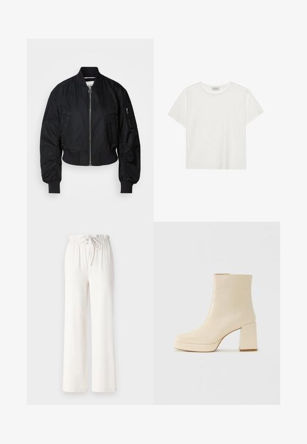 Jachetă bomber neagră dintr-un material neted, cu fermoar pe față, manșete ribbrate și un design scurt, cu detalii subtile cute pe mâneci.; Tricou alb cu mânecă scurtă, made din bumbac moale. Are un guler rotund și o croială lejeră. Design curat, fără modele sau accente vizibile.; Pantaloni albi cu picioare largi, confecționați dintr-un material moale, având un brâu cu șnur și o textură netedă. Fără modele sau embellishments vizibile.; Cizmă de gleznă din piele bej, cu toc pătrat și talpă platformă, cu un finisaj neted și vârf ușor pătrat, orientată spre stânga pe fundal alb.