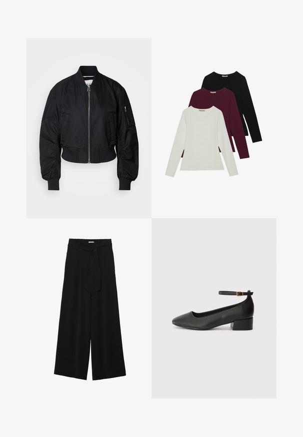 Schwarze Bomberjacke aus glattem Stoff, mit einem Reißverschluss vorne, gerippten Bündchen und einem verkürzten Schnitt mit dezenten Raffungselementen an den Ärmeln.; Langarm-T-Shirts in Weiß, Bordeaux und Schwarz. Hergestellt aus weichem Stoff mit Rundhalsausschnitt und figurgerechtem Design. Eignen sich gut zum Schichten.; Schwarze weite Hosen aus strukturiertem Stoff, mit elastischem Bund und einem abnehmbaren Bindegürtel in der Taille für eine verstellbare Passform.; Schwarze Lederpumps mit spitzem Zehenbereich und niedrigem Blockabsatz. Mit einem Knöchelriemen und einer goldfarbenen Schnalle. Glatte Textur.