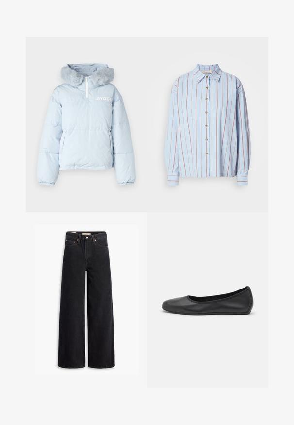 Lichtblauwe pufferjack met een nepbont capuchon, half-ritssluiting en twee zijzakken; heeft een logo gedrukt op de borst.; Lichtblauwe overhemd met verticale rode strepen, een klassieke kraag en lange mouwen met manchetten. Bevat gouden knopen aan de voorkant.; Zwarte korte mouwen t-shirt van zachte stof, met een ronde hals en geplooide details aan de linkerkant voor een subtiele textuur.; Zwarte brede jeans gemaakt van denim, met vijf zakken, koperen klinknagels en een klassieke knoopsluiting. Glad van textuur met een strakke uitstraling.; Zwarte leren ballerina met een ronde neus, gladde textuur, minimale stikdetails en een flexibele zoolontwerp.
