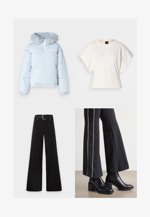 Helle blaue Steppjacke mit einer Kapuze aus Kunstfell, halber Reißverschluss und zwei Seiten Taschen; mit aufgedrucktem Logo auf der Brust.; Weißes, kurzes T-Shirt, kurze weite Ärmel, weicher Baumwollstoff, runder Ausschnitt mit subtilen orangefarbenen Akzenten, minimales Design, keine Muster oder Grafiken.; Schwarze weitgeschnittene Hose aus Baumwolle, mit hoher Taille, großen Seitentaschen und einem taillierten Bund mit silbernen Hardware-Akzenten.; Schwarze Lederstiefeletten mit einem Blockabsatz, ausgestattet mit elastischen seitlichen Einsätzen. Kombiniert mit schwarzen Hosen, die einen weißen Seitenstreifen haben.