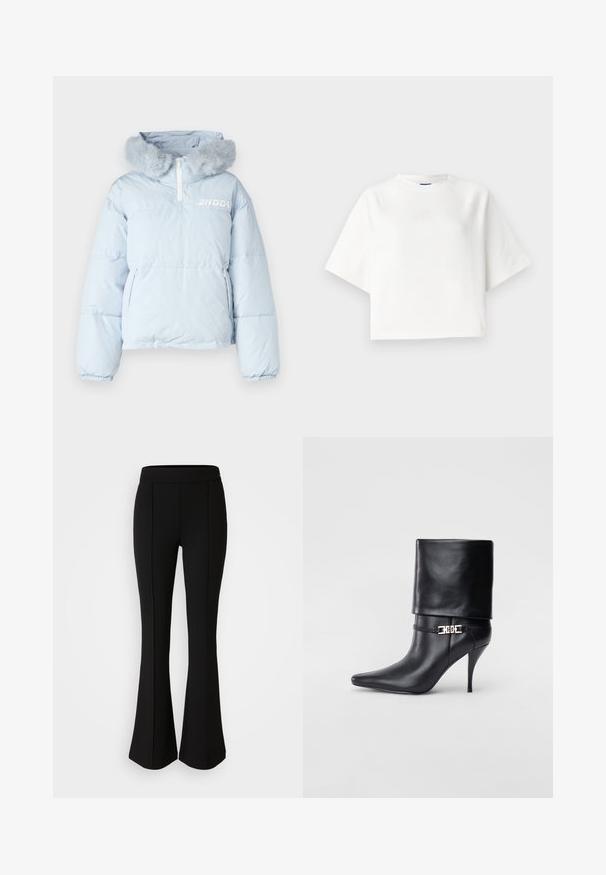 Helle blaue Steppjacke mit einer Kapuze aus Kunstfell, halber Reißverschluss und zwei Seiten Taschen; mit aufgedrucktem Logo auf der Brust.; Weiße, übergroße T-Shirt mit kurzen Raglanärmeln aus weichem Stoff. Verfügt über ein dezentes Logo auf der Brust und einen runden Ausschnitt.; Schwarze, ausgestellte Hose aus einem dehnbaren Material mit glatter Textur, ausgestattet mit Nahtdetails an der Vorderseite für ein zusätzliches Designelement.; Schwarze Leder-Ankle-Boots mit spitzer Zehenpartie, hohen Stiletto-Absätzen, umgeschlagenem Schaft und einem goldenen dekorativen Schnallen-Detail an der Knöchel.