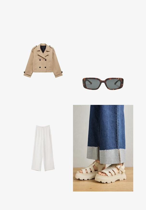 Krémový zkrácený trenčkot s dvouřadým zapínáním na knoflíky, ramenními epauletami a černými knoflíky. Měkká látka a přizpůsobený design.; Svetle béžové tričko s krátkým rukávem a kulatým výstřihem, vyrobené z jemné, hladké tkaniny. Má uvolněný střih a rovný lem.; Bílé široké kalhoty vyrobené z lehké tkaniny. Mají elastický pas se šňůrkou a boční kapsy. Hladká textura.; Béžové platformové sandály s tlustými podešvemi mají páskový design a nastavitelné kotníkové pásky. Jsou nošeny s širokými džínovými kalhotami, přičemž jedna nohavice je roztrhaná.; Sluneční brýle ve stylu želvoviny s obdélníkovými čočkami, silnými rámy a tmavými zbarvenými čočkami. Hladký povrch a minimalistický design.