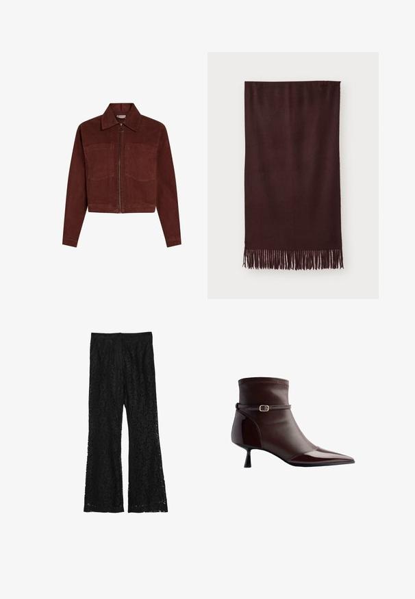 Samtjacke in tiefrot, mit langen Ärmeln, spitzem Kragen, zwei Vordertaschen und einem zentralen Reißverschluss mit einem runden Ziehgriff.; Schwarzes Cropped Top mit langen, eng anliegenden Ärmeln und einem schulterfreien Ausschnitt, hergestellt aus weichem, glattem Stoff. Schlichtes und figurbetontes Design.; Calliope Stoffhose - ultrablack; Braune Lederstiefelette mit spitzer Zehe, kleinem Kittenheel und einem dünnen Riemen mit einer kleinen goldenen Schnalle um den Knöchel.; Bordeauxfarbener Schal aus weichem Stoff, mit glatter Textur und langen Fransen am Saum für zusätzliche Details. Rechteckige Form, liegt flach.; Pepe Jeans GRACEY - Handtasche - burgundy red