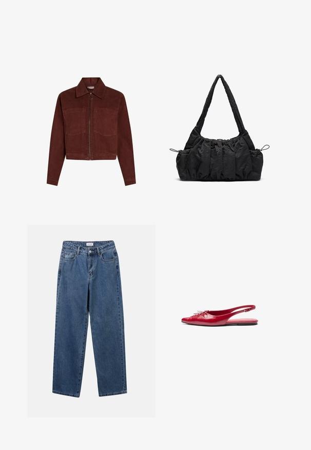 Veste en velours côtelé de couleur rouge profond, avec des manches longues, un col pointu, deux poches avant et une fermeture éclair centrale avec une tirette circulaire.; Chemise grise à manches longues avec un col rond, ornée d'une bordure blanche au niveau du col et des poignets. Fabriquée en tissu doux et texturé.; Jean en denim bleu classique avec une coupe droite, cinq poches et une fermeture par bouton. Présente un lavage moyen et une texture robuste.; Chausson plat en cuir rouge avec un bout pointu et un détail de lacets décoratif sur le devant, présentant une fine bride à la cheville et une semelle plate.; Sac à main en tissu noir avec texture froncée, deux poignées pour l'épaule et fermeture à cordon sur les côtés. Matériau lisse et léger.